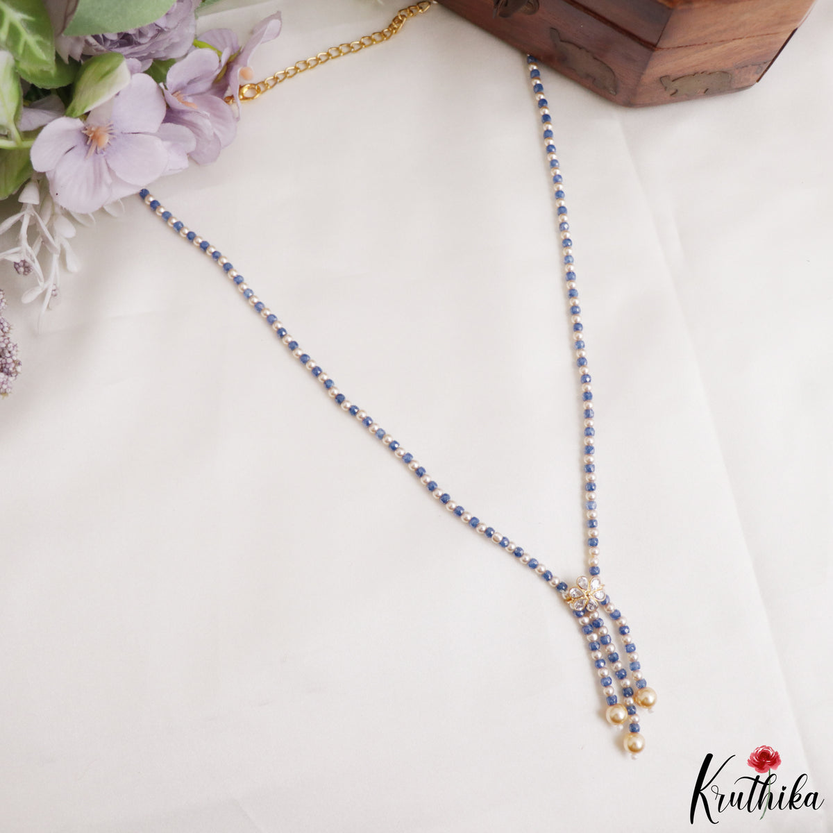 Elegant Blue & Pearl Beaded Long Necklace NC3310