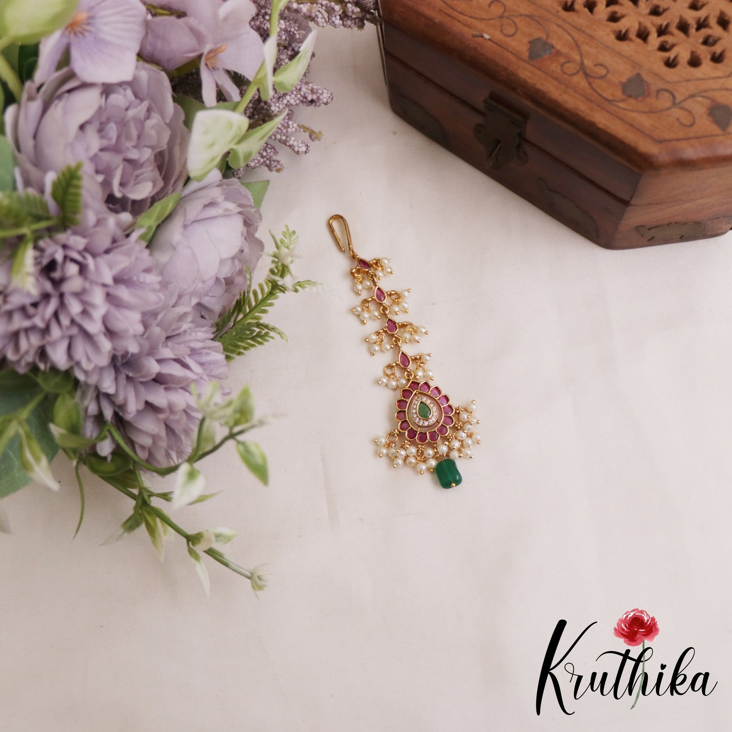 Beautiful Teardrop Motifs Kemp Maang Tikka With Bead And Pearl Drops MT378