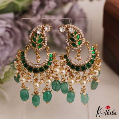 Gorgeous Leaf Motifs Chandbali Jadau Earrings With Green Bead Drops E1079 (Available In 2 Colors)