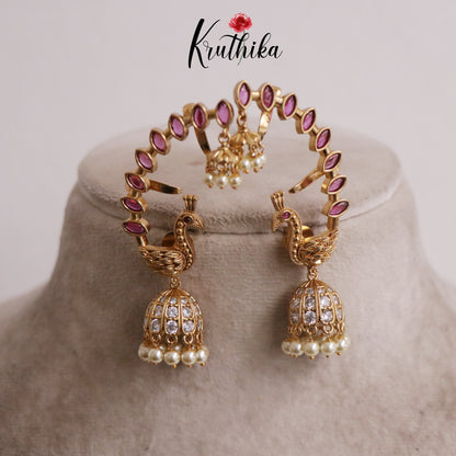 Simple trendy Ruby peacock AD Earcuff Jhumkas E487 (Available in 2 Colours)