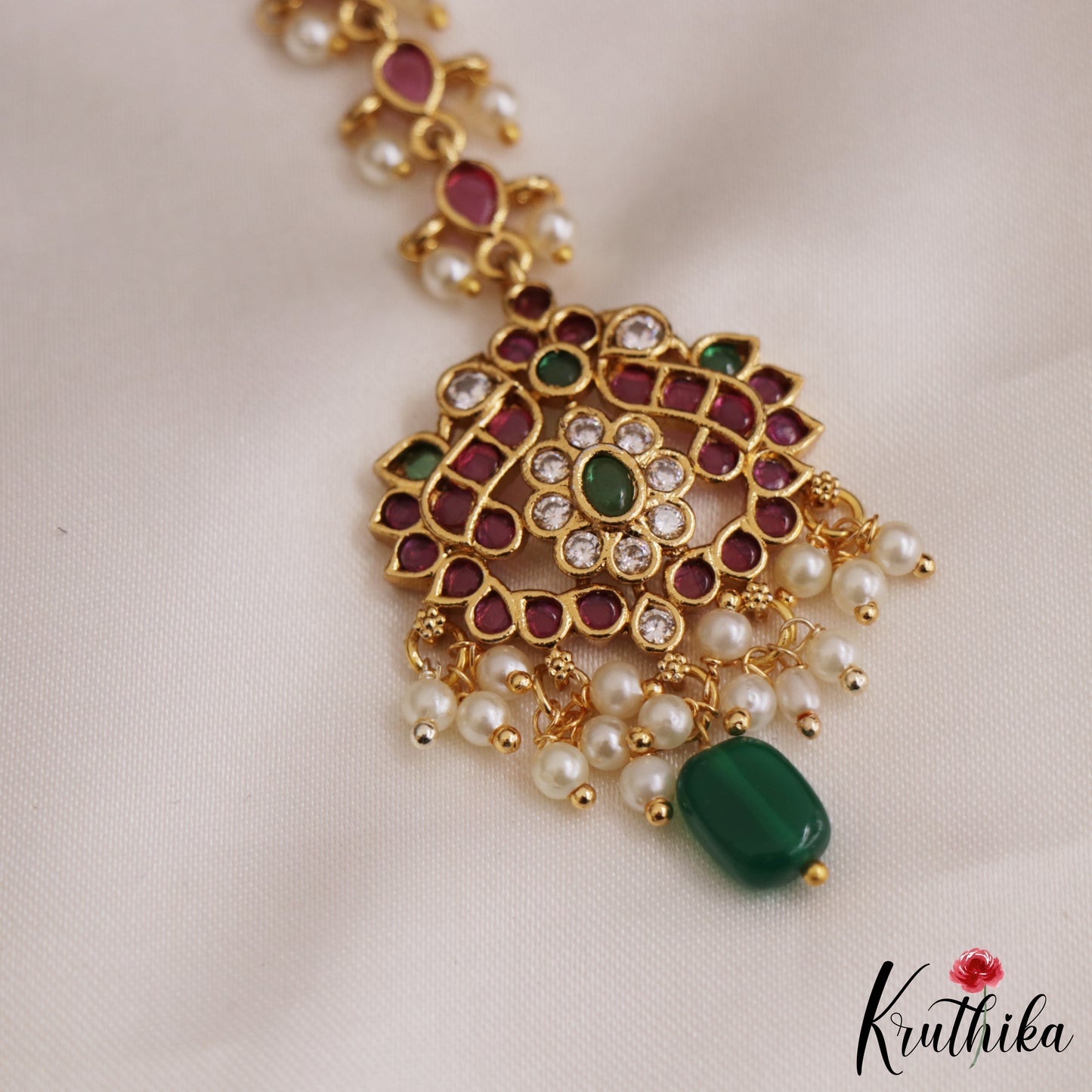 Beautiful Peacock kemp  Maang Tikka With Bead And Pearl Drops MT337