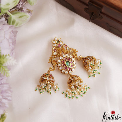 Classic Floral Peacock Motis Jhumka Jada Billa With Pearl Bead Drops J430 (Available In 2 Colors)