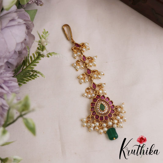 Beautiful Teardrop Motifs Kemp Maang Tikka With Bead And Pearl Drops MT378