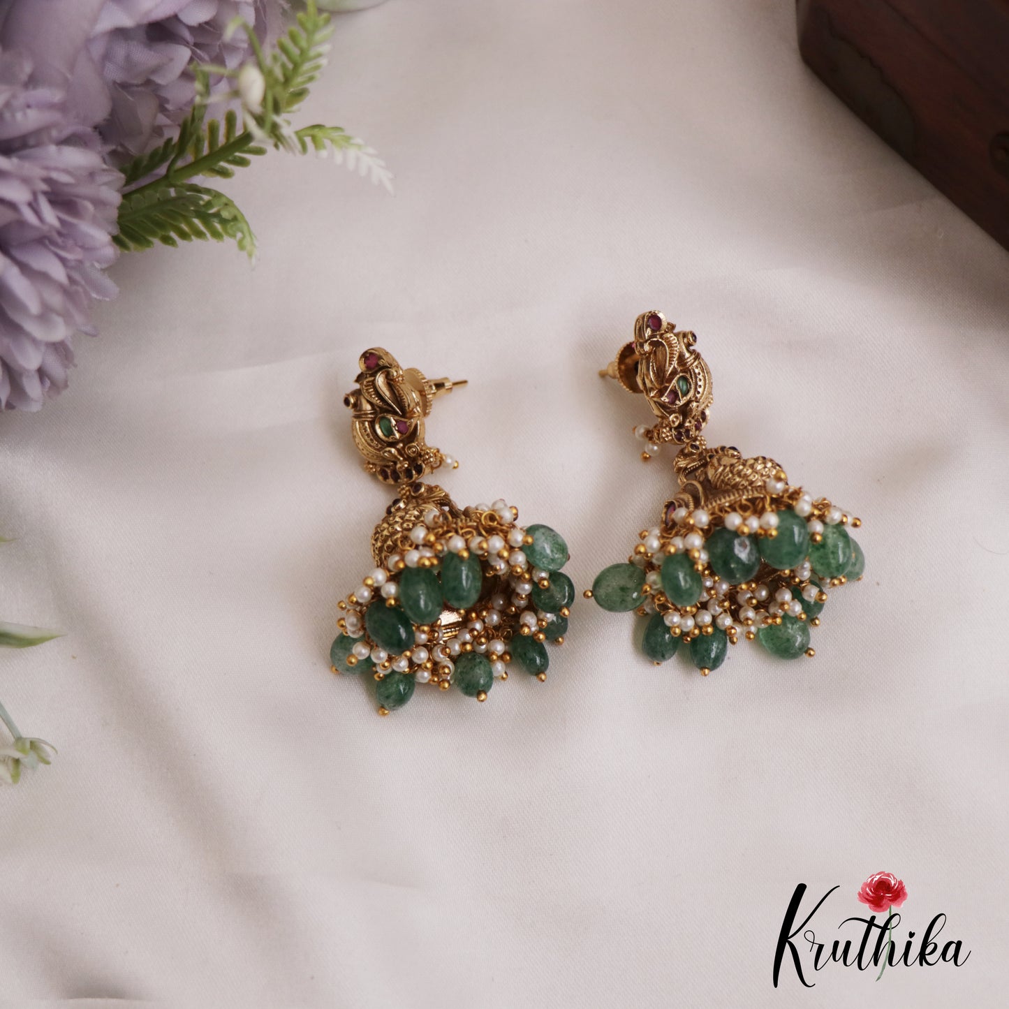 Gorgeous Antique Peacock Motifs Jhumka With Bead Drops E1004 (Available In 2 Colors)