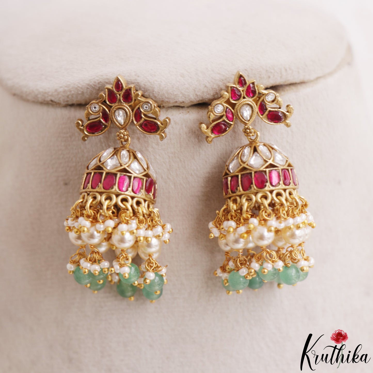 Stunning Peacock Motifs Jadau Jhumkas With Pearl Bead Drops E1187