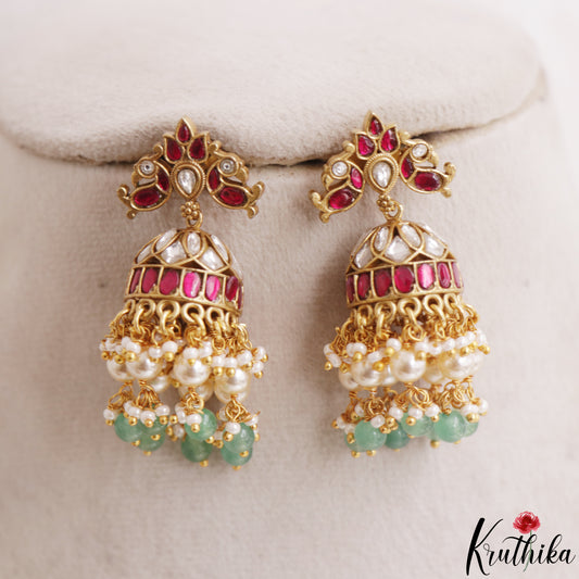 Stunning Peacock Motifs Jadau Jhumkas With Pearl Bead Drops E1187