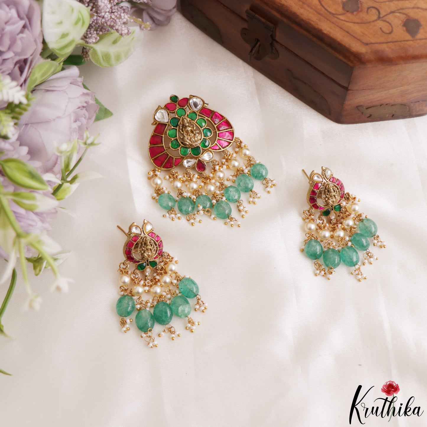 Gorgeous Antique Lakshmi Motifs Polki Jadau Pendant Set With Green Bead Drops PS307 (Available In 3 Colors)