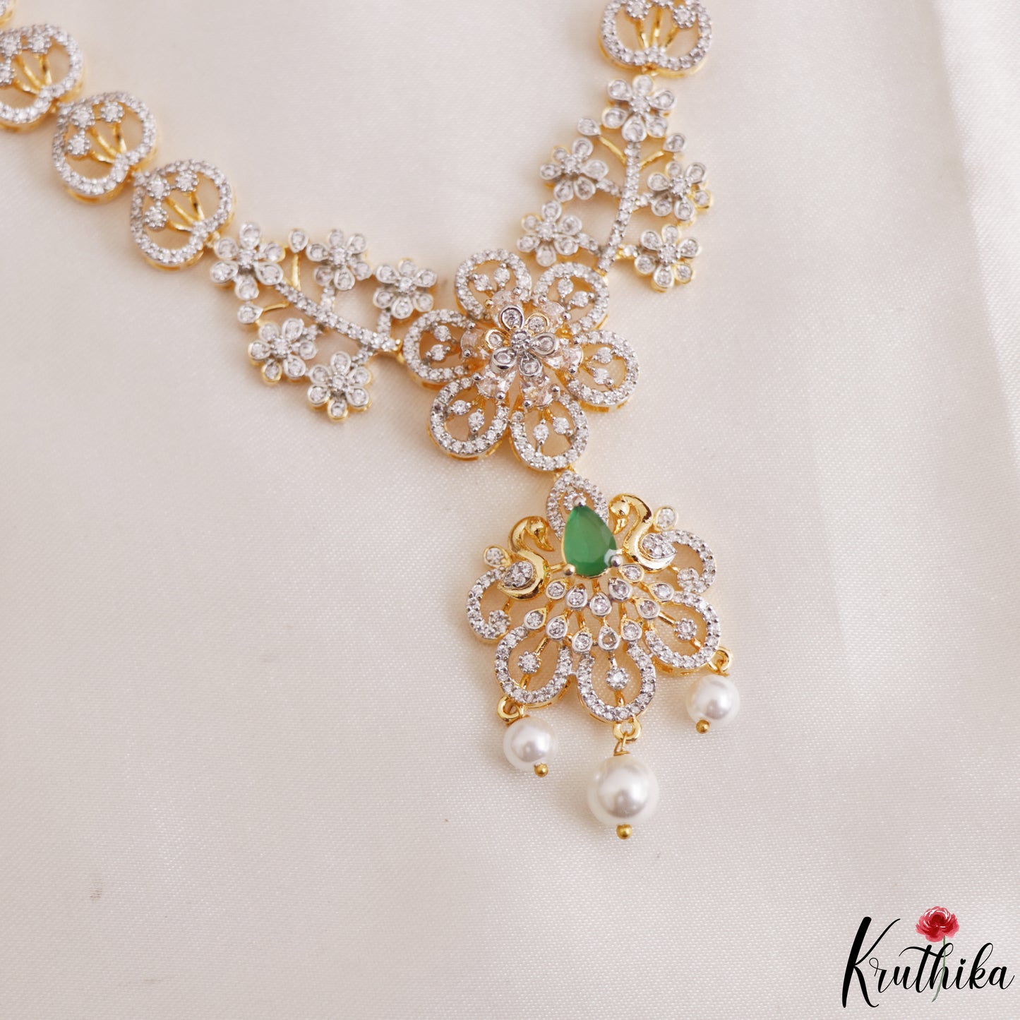 Elegant Floral Motifs CZ Victorian Necklace With Pearl Drops NC3264 (Available In 2 Colors)