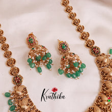 Premium peacock Lakshmi Jadau stones green bead drops haaram LH813