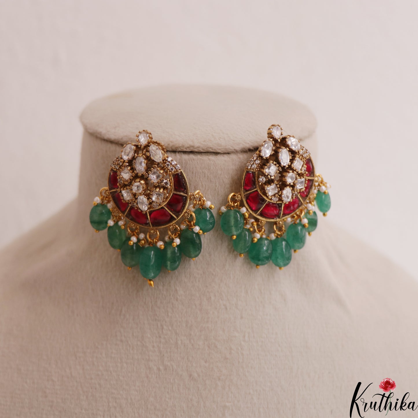 Pretty Floral Motifs Chandbali Jadau Stud Earrings With Green Bead Drops E1140