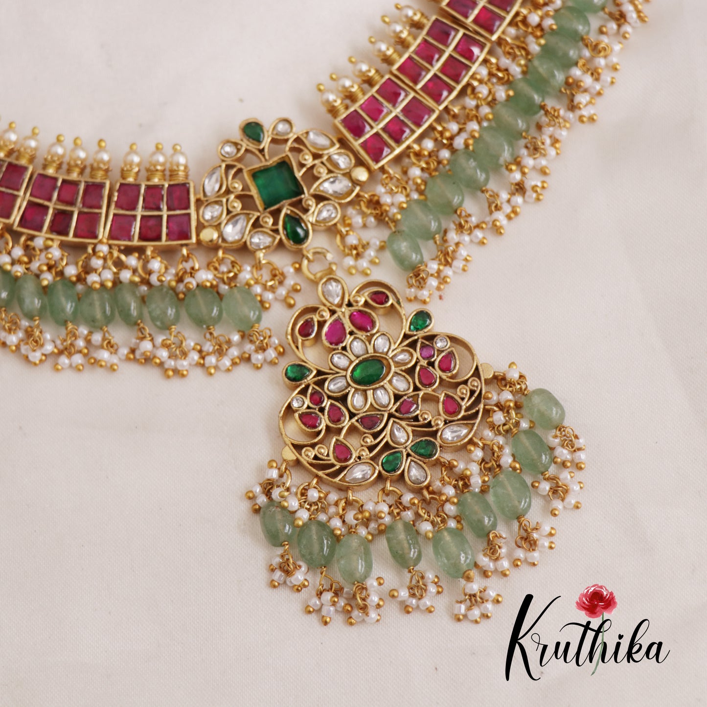 Premium Peacock Guttapoosalu Jadau Necklace With Pastel Green Beads NC2595