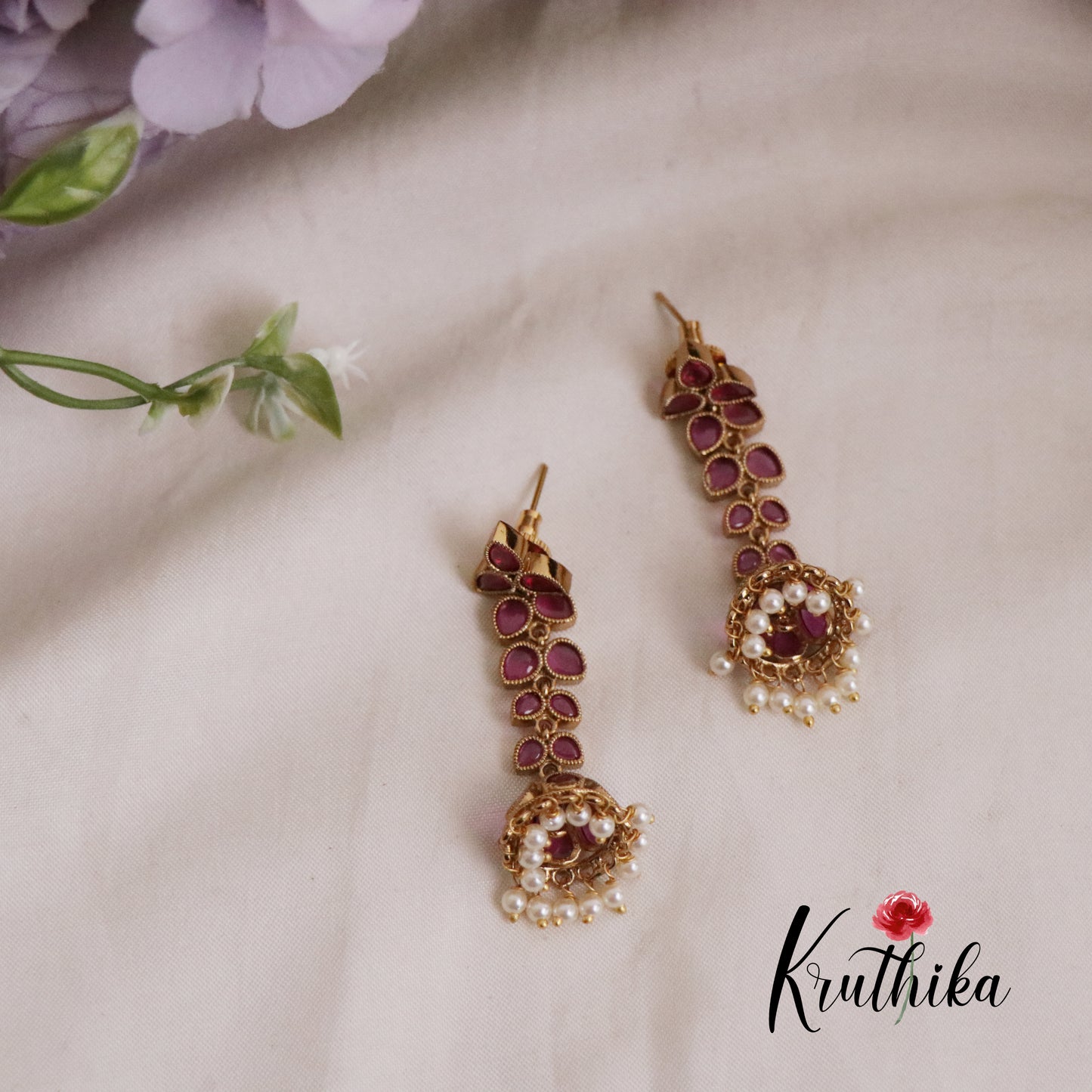 Beautiful Kemp Leaf Chain Jhumka with Pearl Drop E629 (Available in 2 Colours)