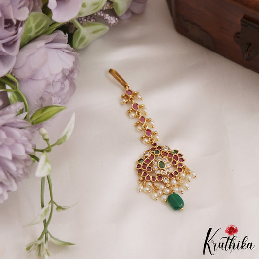 Beautiful Peacock kemp  Maang Tikka With Bead And Pearl Drops MT337