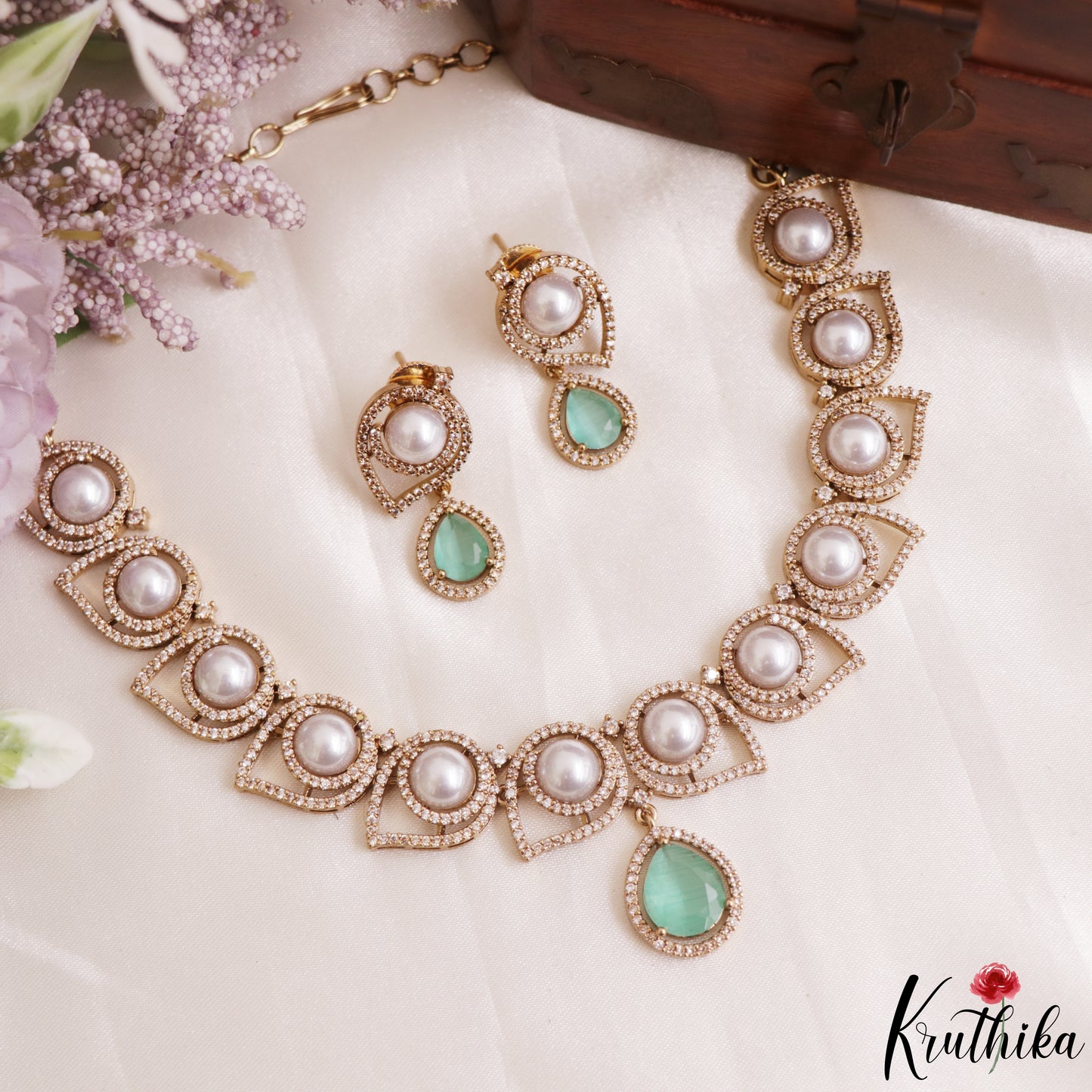 Elegant Pearl Leaf Motifs CZ Victorian Necklace NC3154 (Available In 6 Colors)