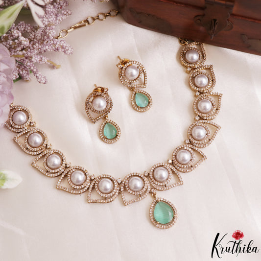 Elegant Pearl Leaf Motifs CZ Victorian Necklace NC3154 (Available In 6 Colors)
