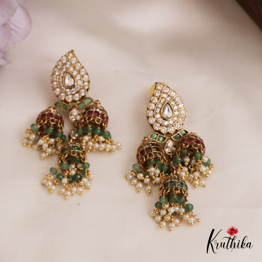 Stunning AD Mango Motifs Jadau Jhumka With Bead Drops E993 (Available In 2 Colors)