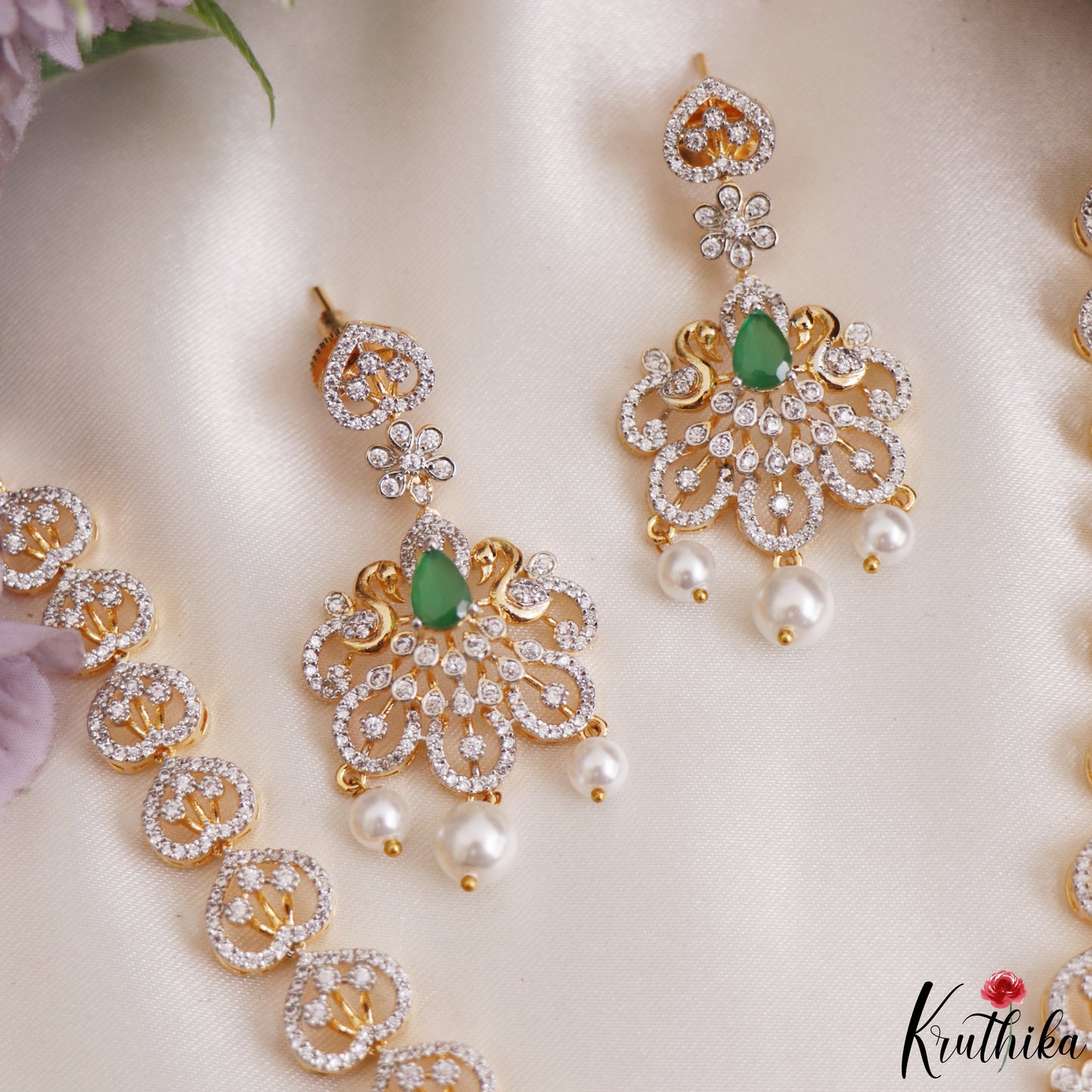 Elegant Floral Motifs CZ Victorian Necklace With Pearl Drops NC3264 (Available In 2 Colors)