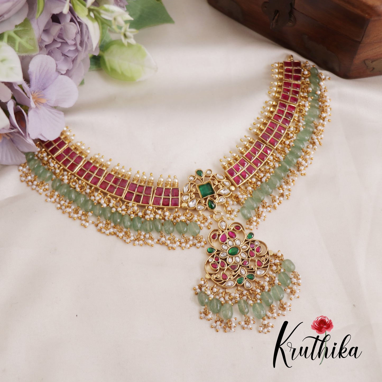 Premium Peacock Guttapoosalu Jadau Necklace With Pastel Green Beads NC2595