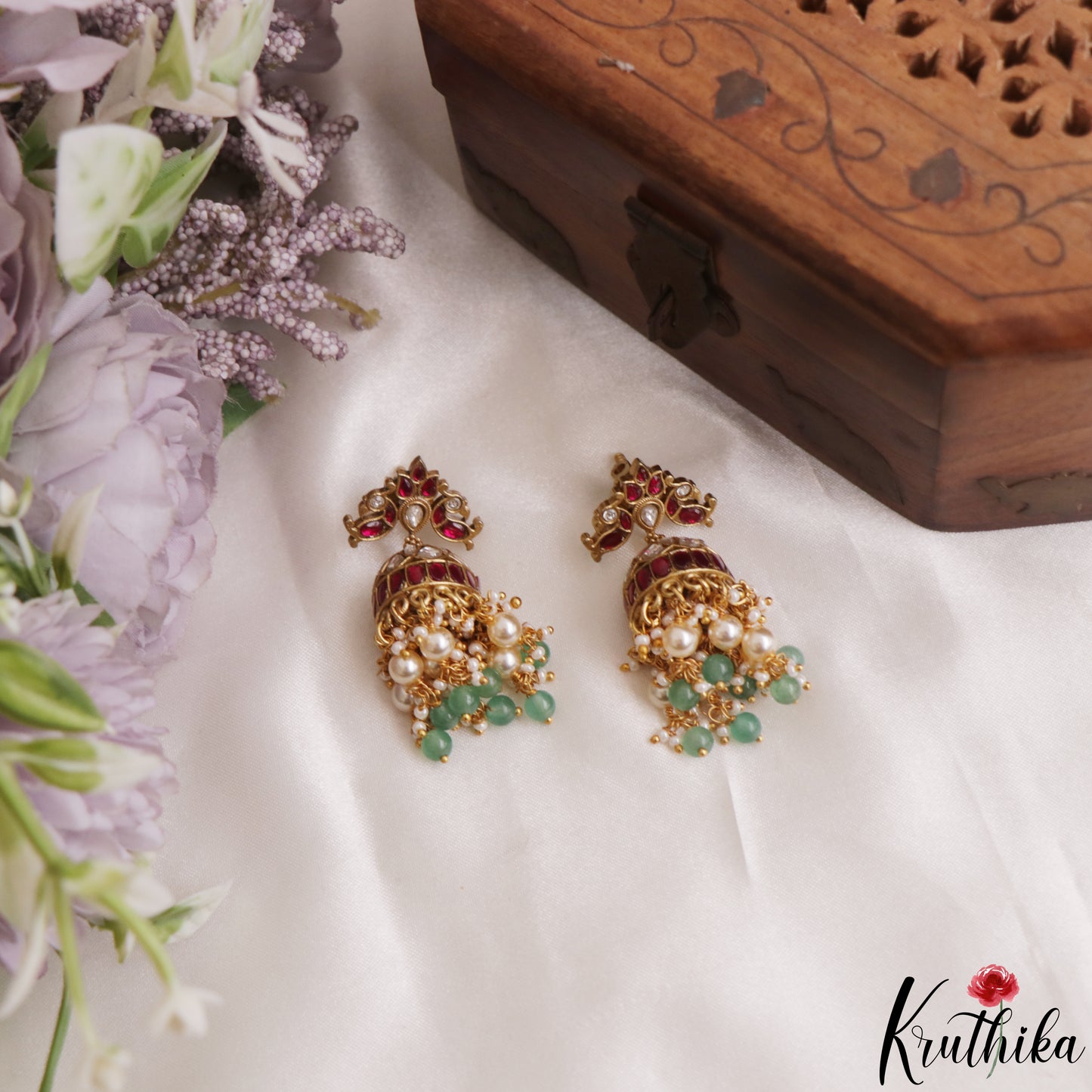 Stunning Peacock Motifs Jadau Jhumkas With Pearl Bead Drops E1187