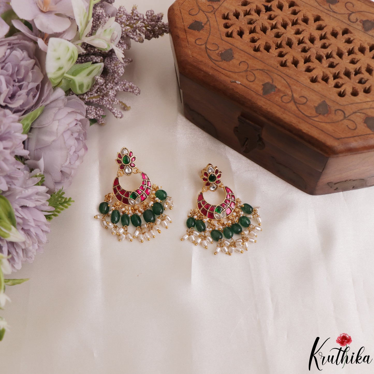 Premium Floral Motifs Jadau Chandbali Earrings With Green Bead Drops E1190