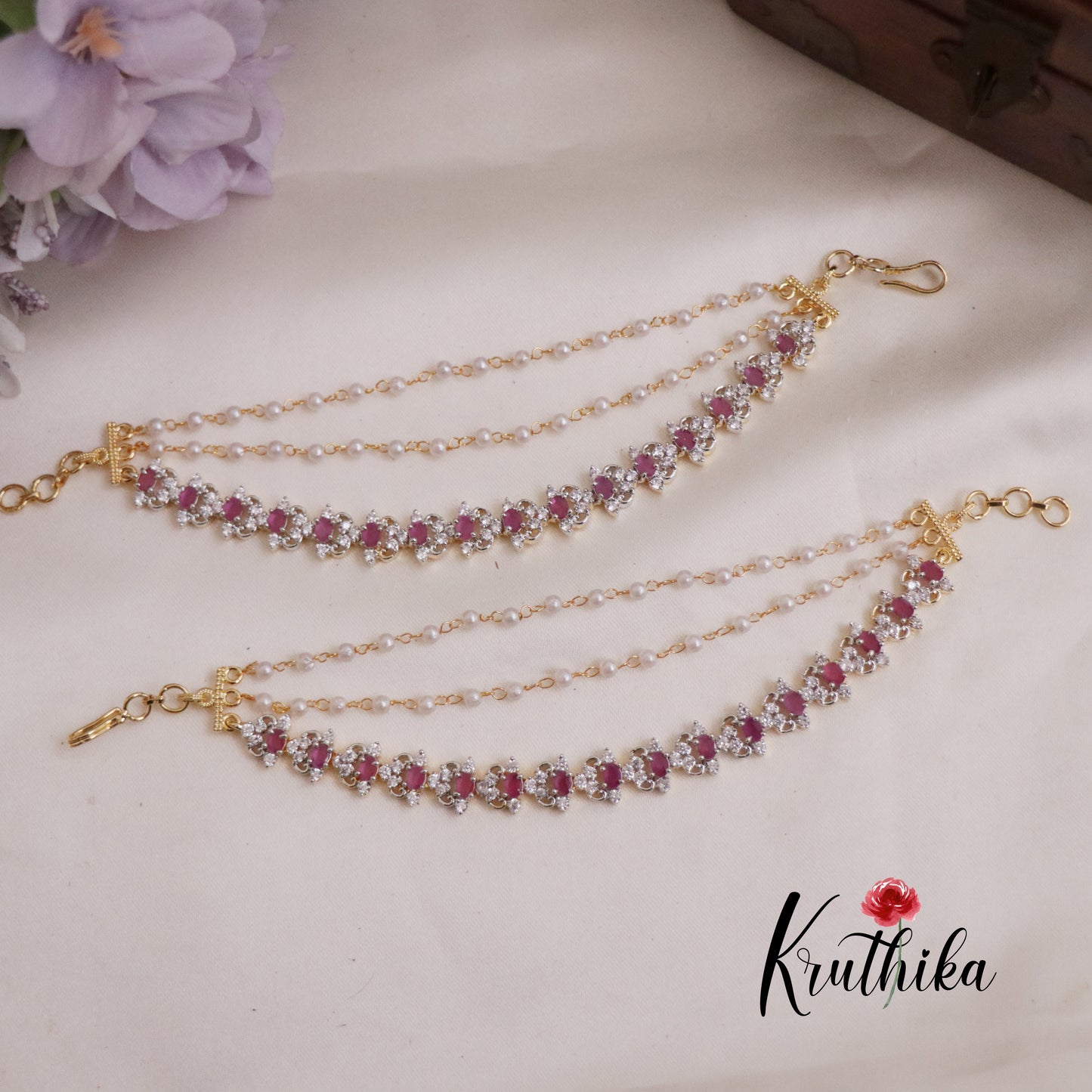 Simple CZ Sparkling Floral Three Layer Earchains EC115 (Available in 2 Colors)