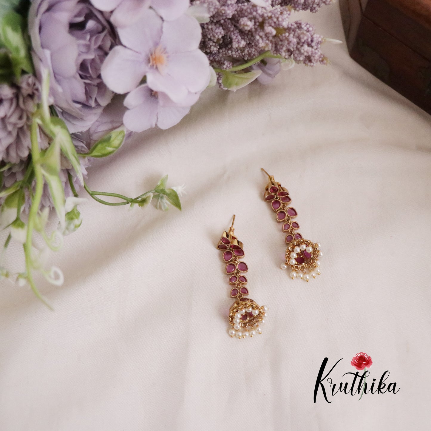 Beautiful Kemp Leaf Chain Jhumka with Pearl Drop E629 (Available in 2 Colours)