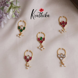 Beautiful Lotus Design Jadau Septum Nose Ring- No Piercing Required N29 (Available in 5 Colours)