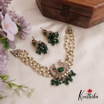 Beautiful Triple Strand Pearl Peacock Pendant Choker With Bead Drops NC2565 (Available in 3 Colours)