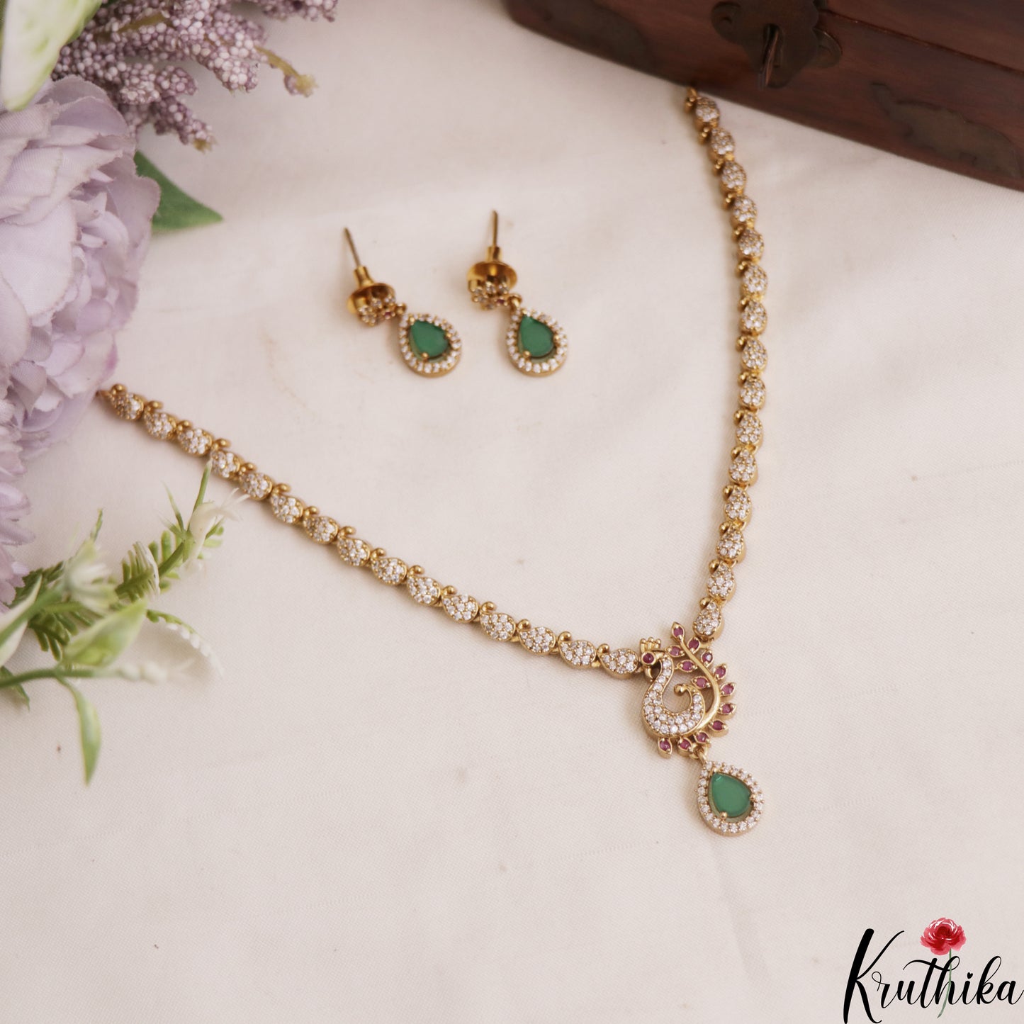 Elegant Mango Peacock Motifs Diamond-Finish AD Necklace NC2944