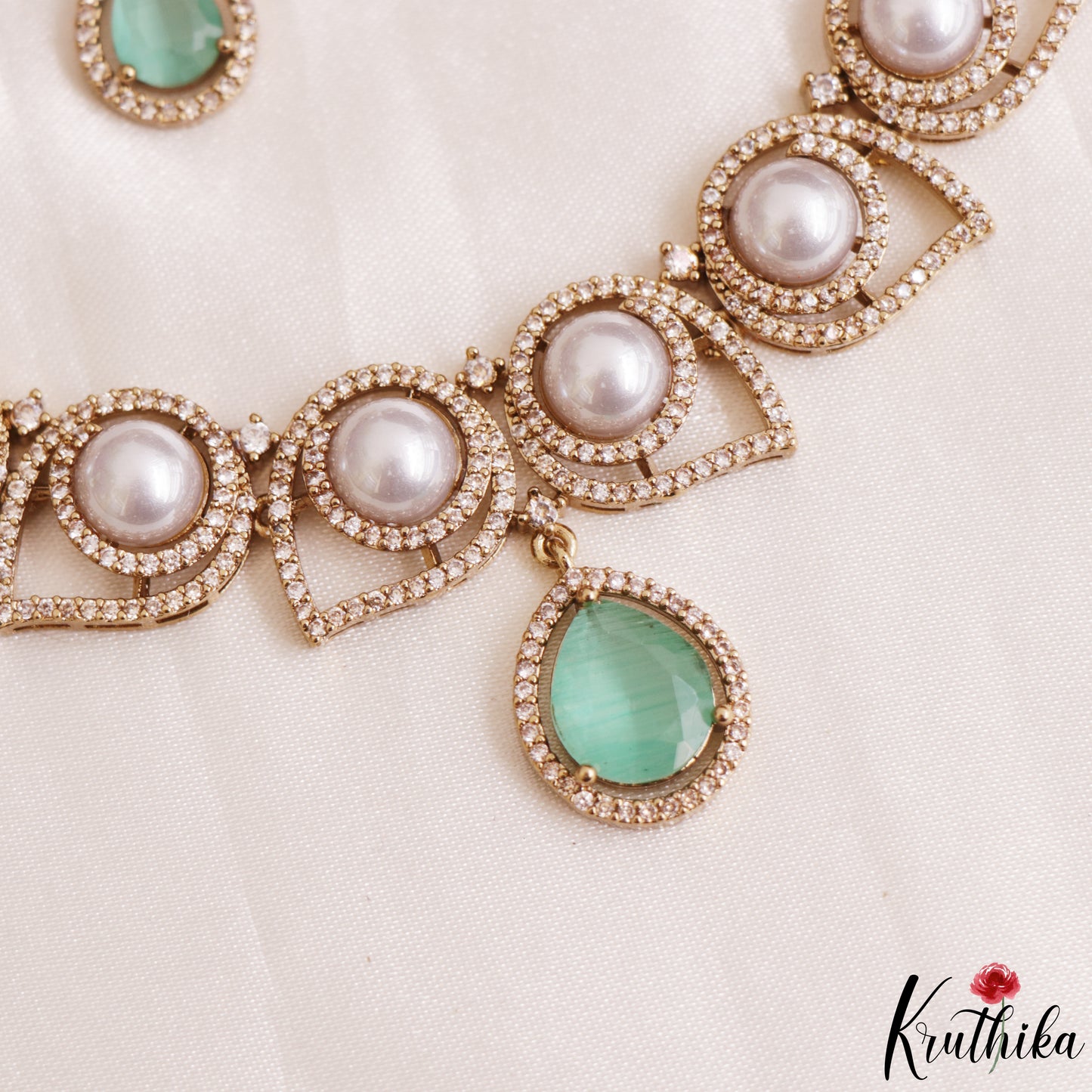 Elegant Pearl Leaf Motifs CZ Victorian Necklace NC3154 (Available In 6 Colors)