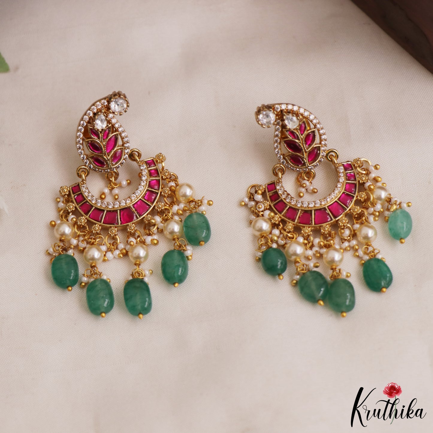 Gorgeous Leaf Motifs Chandbali Jadau Earrings With Green Bead Drops E1079 (Available In 2 Colors)