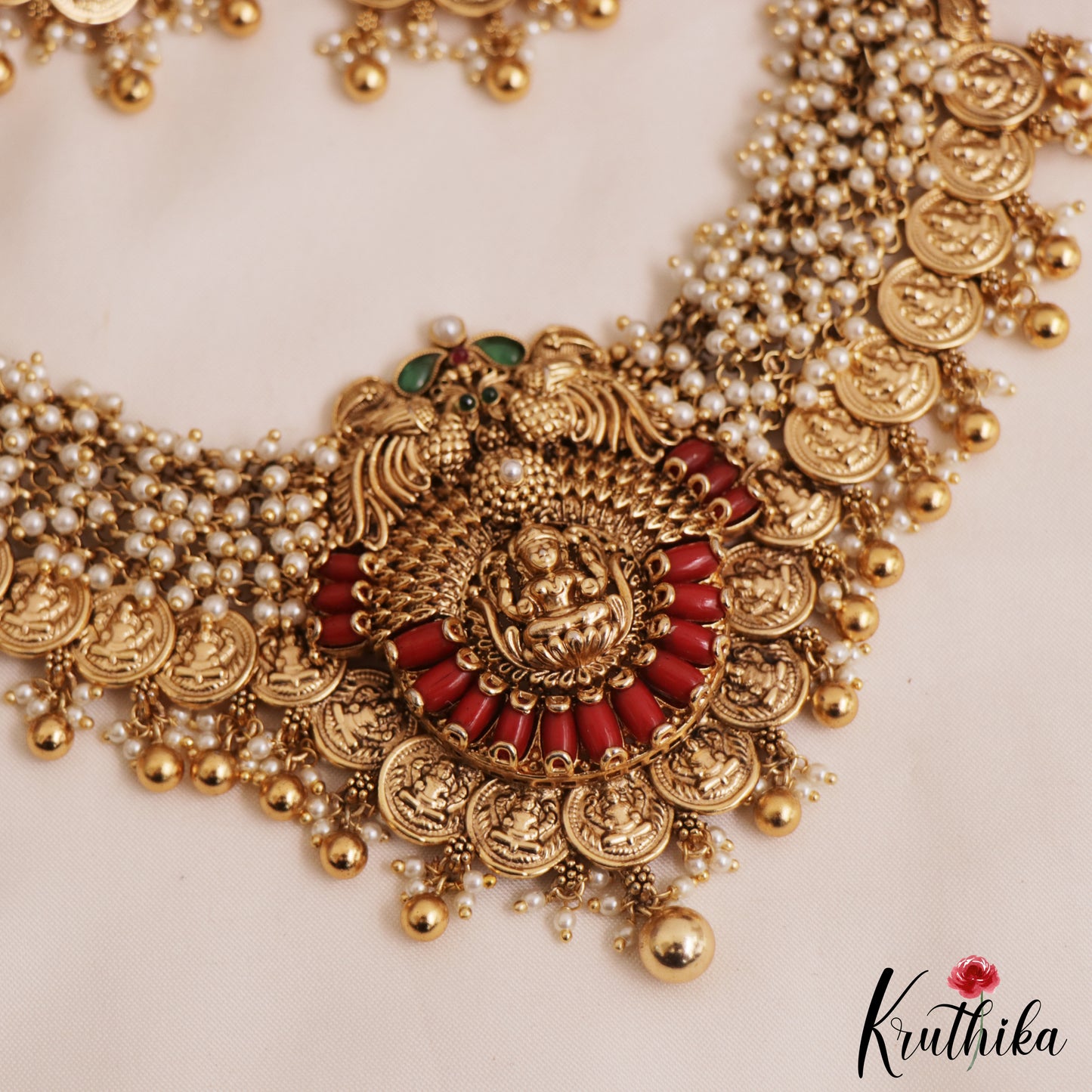 Stunning Antique Lakshmi Peacock Motifs Coral Kasu Choker NC2841