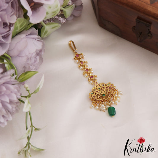 Beautiful Peacock kemp  Maang Tikka With Bead And Pearl Drops MT337