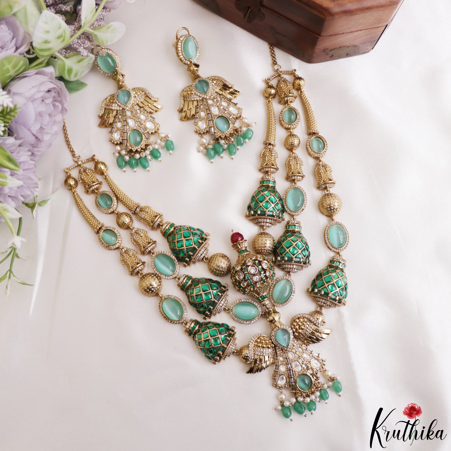 Stunning CZ Victorian Statement Haaram With Green Bead Drops LH2218 (Available In 3 Colors)