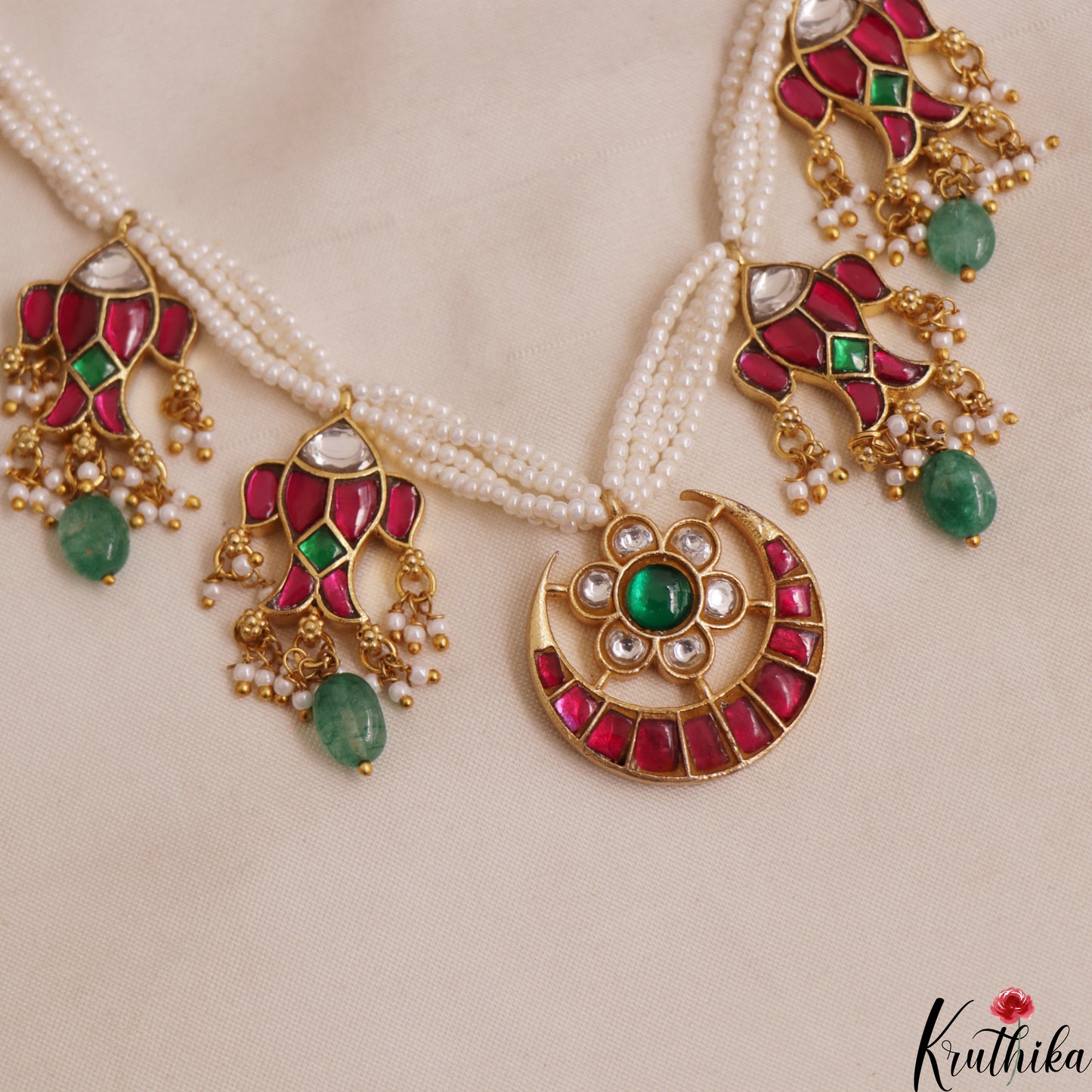 Classic Fish Motifs Pearl Strand Jadau Necklace With Green Bead Drops NC3014