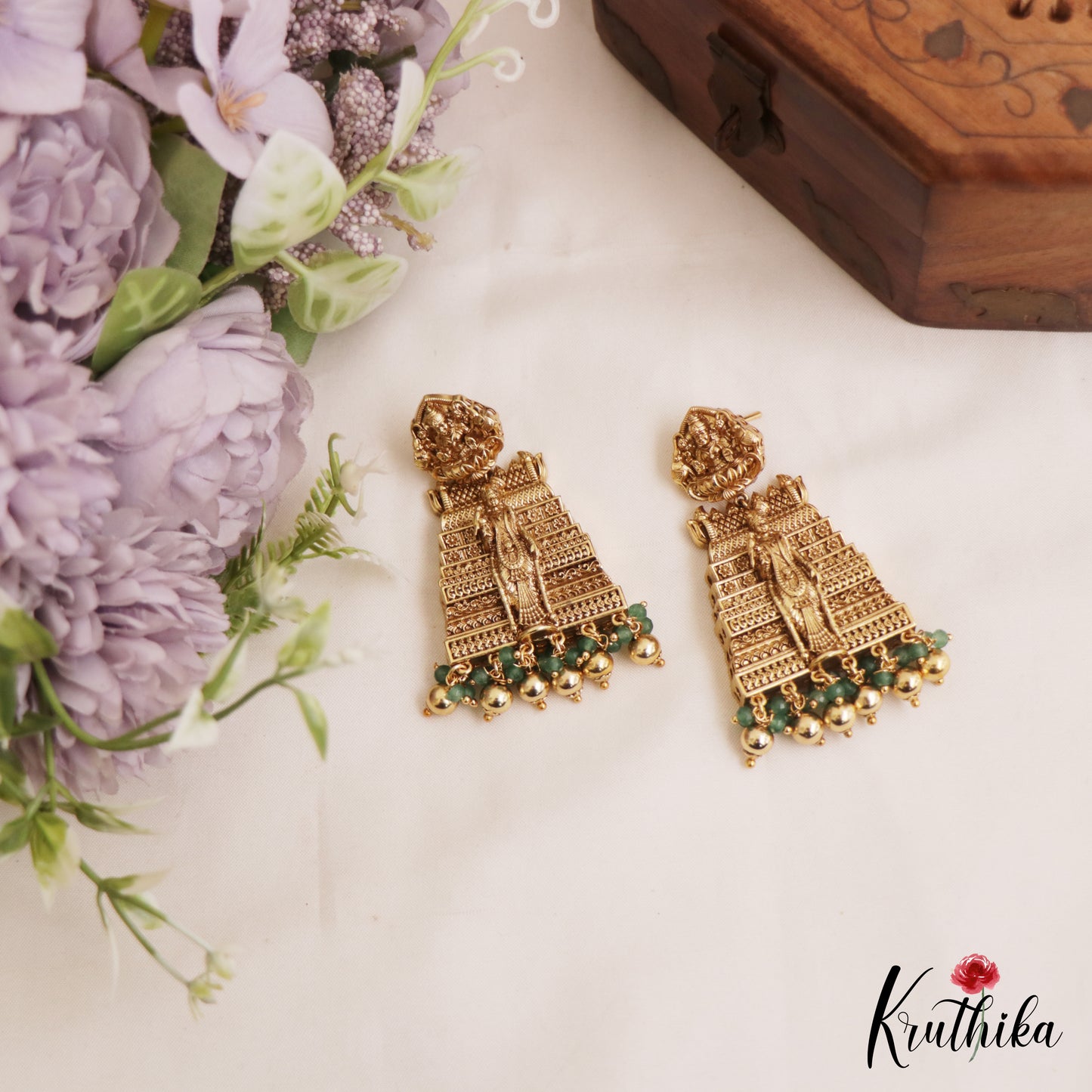 Gorgeous Goddess Meenakshi Gopuram Jhumkas With Bead Drops E1057 (Available in 2 Colors)