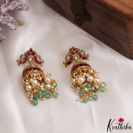 Stunning Peacock Motifs Jadau Jhumkas With Pearl Bead Drops E1187