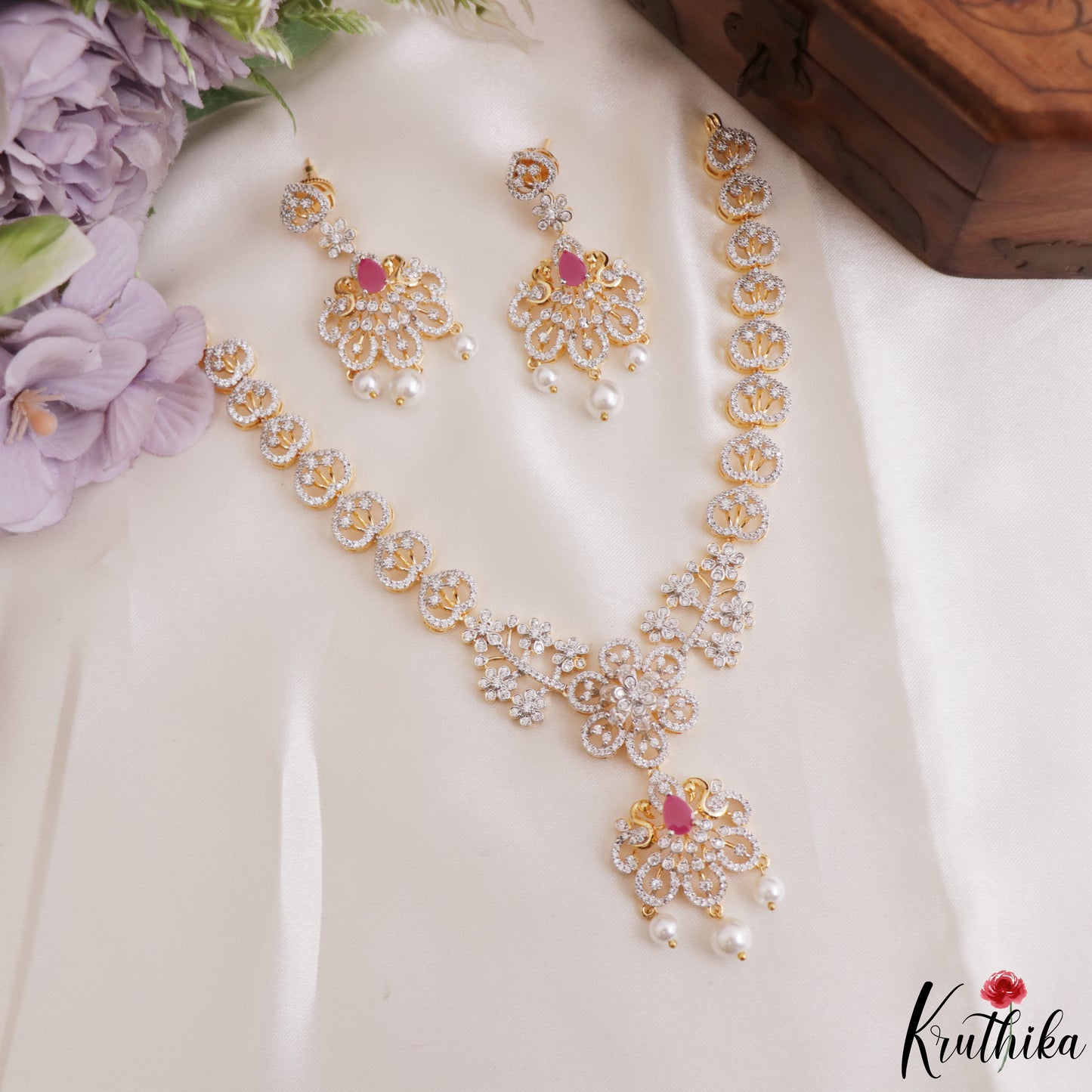 Elegant Floral Motifs CZ Victorian Necklace With Pearl Drops NC3264 (Available In 2 Colors)
