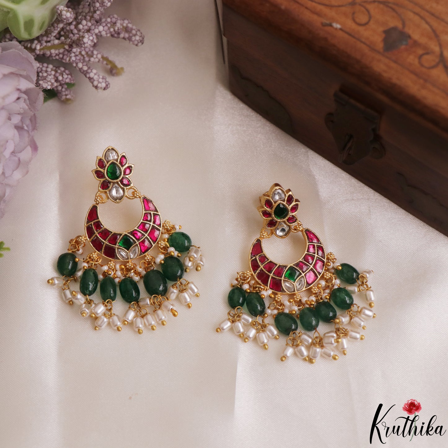 Premium Floral Motifs Jadau Chandbali Earrings With Green Bead Drops E1190