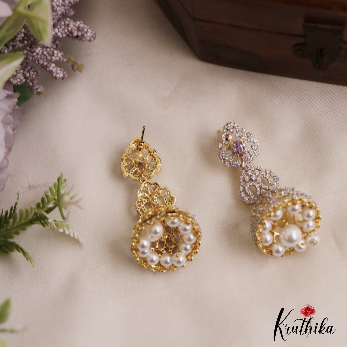 Classic Mango Motifs AD Jhumkas With Pearl Drops E1096  (Available In 3 Colors)