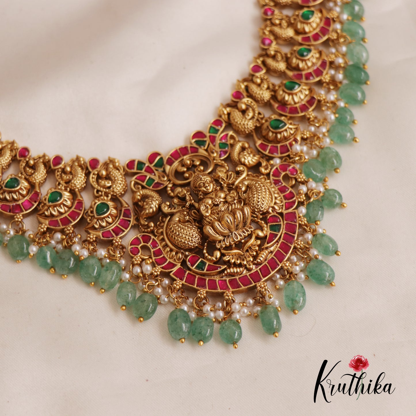 Premium Antique Lakshmi Nagas Jadau Necklace With Pastel Green Beads NC2555 (Available In 2 Colors)