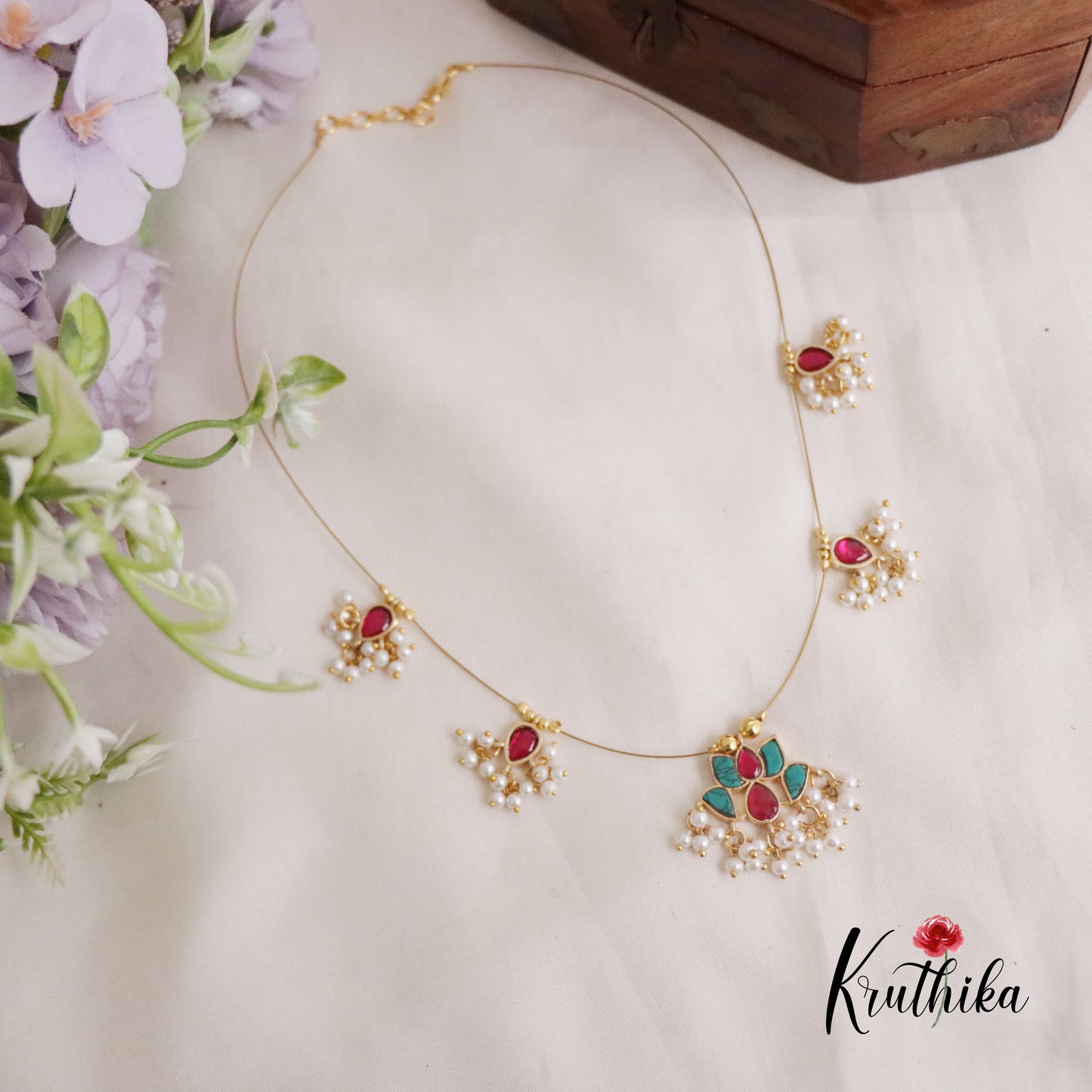Beautiful Jadau Lotus Pendant Invisible Chain NC2185 (Available  in 3 Colours)