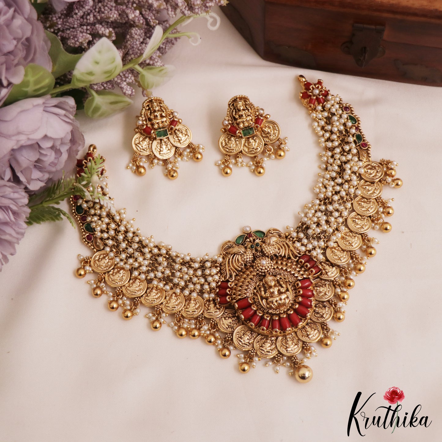 Stunning Antique Lakshmi Peacock Motifs Coral Kasu Choker NC2841