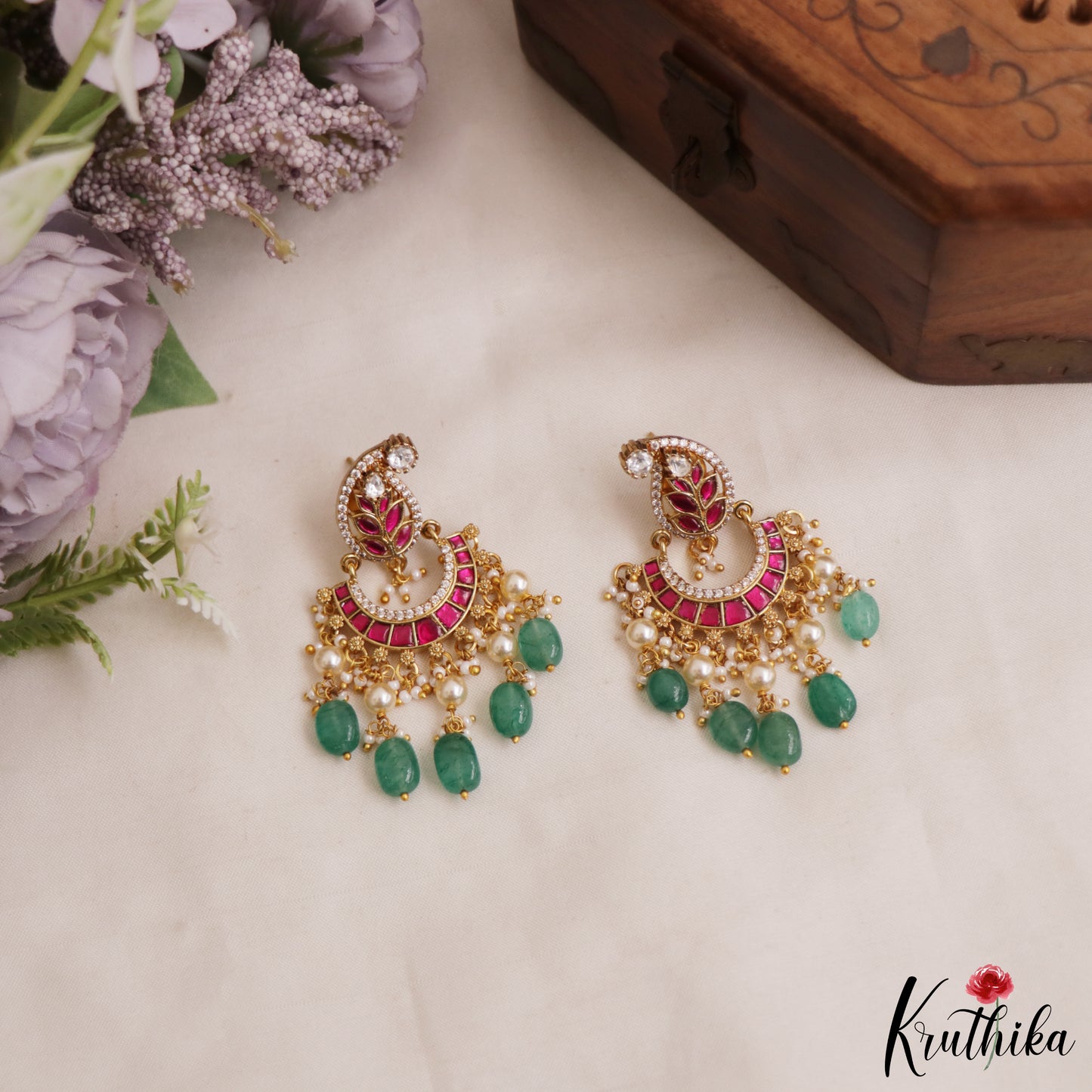 Gorgeous Leaf Motifs Chandbali Jadau Earrings With Green Bead Drops E1079 (Available In 2 Colors)