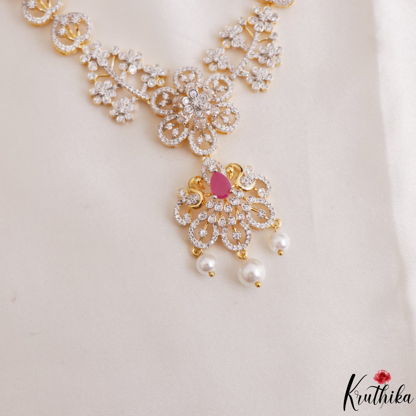 Elegant Floral Motifs CZ Victorian Necklace With Pearl Drops NC3264 (Available In 2 Colors)