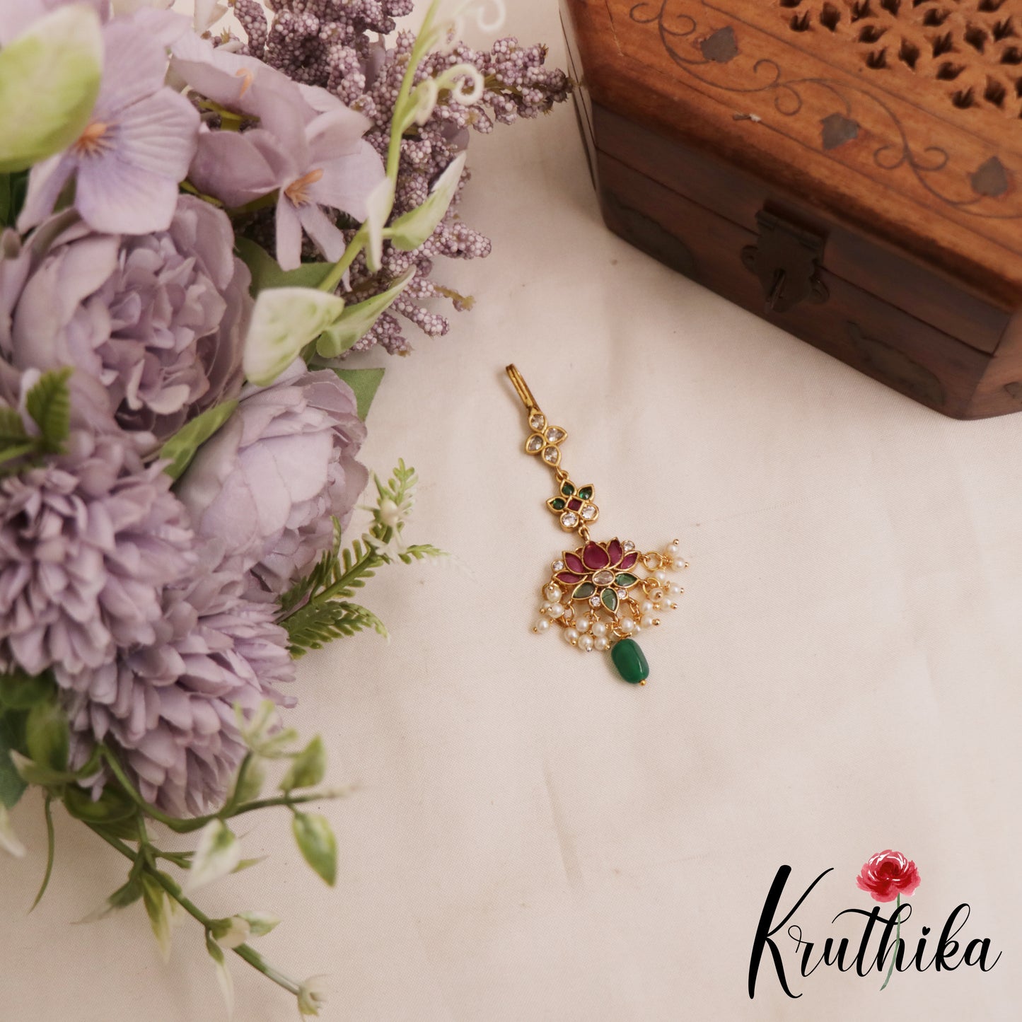 Pretty Lotus Motifs Kemp Maang Tikka With Bead And Pearl Drops MT379
