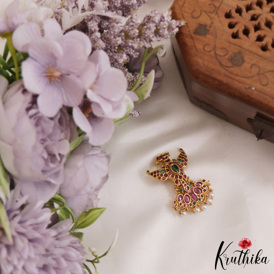 Stunning Peacock Motifs Jadau Saree Pin With Pearl Drops SP40 (Available In 2 Colors)