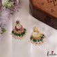 Premium Floral Motifs Jadau Chandbali Earrings With Green Bead Drops E1190