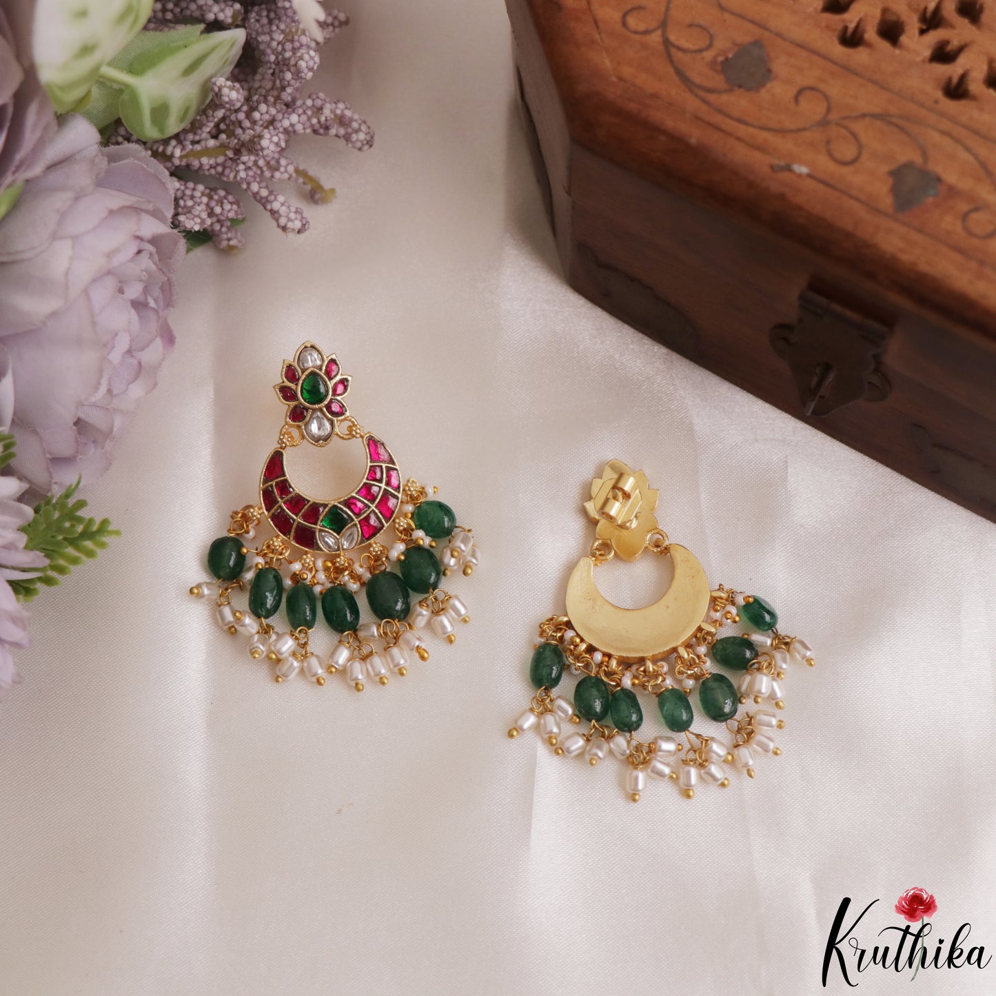Premium Floral Motifs Jadau Chandbali Earrings With Green Bead Drops E1190