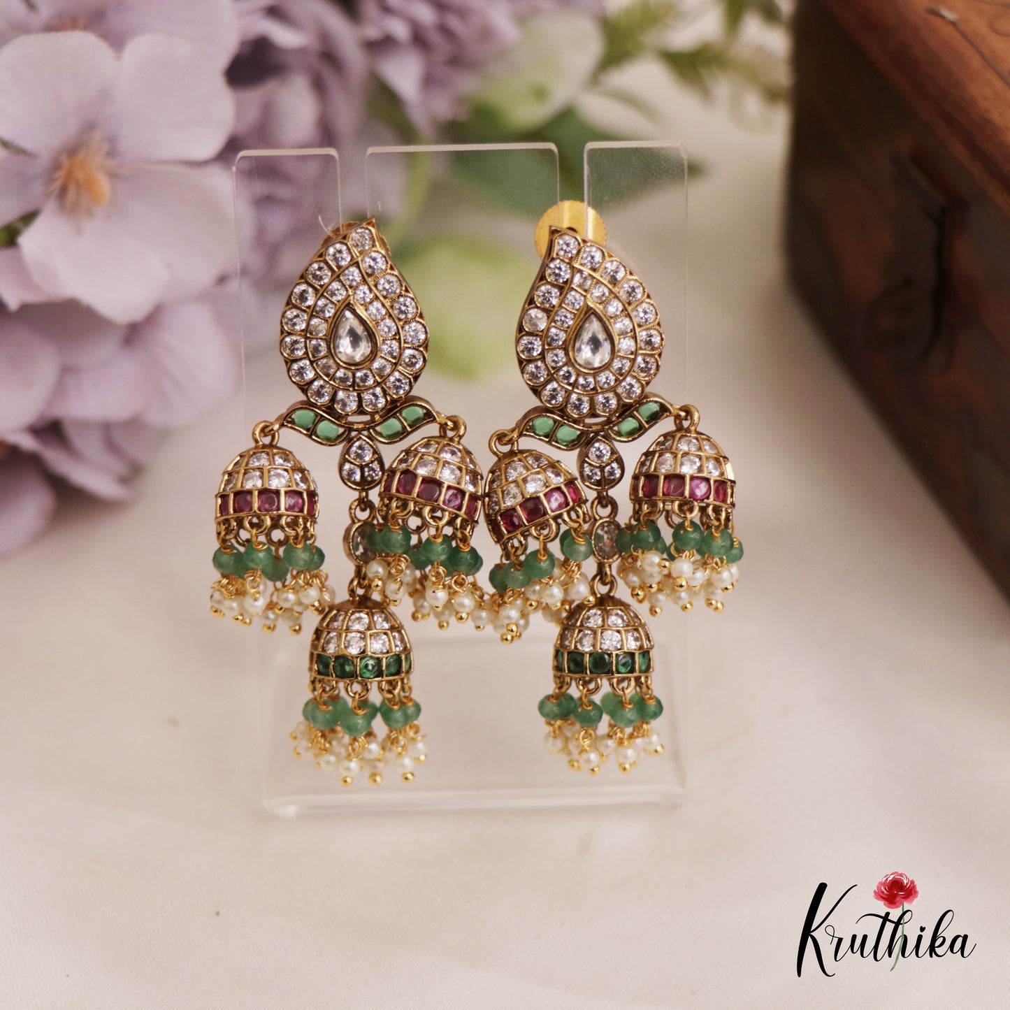 Stunning AD Mango Motifs Jadau Jhumka With Bead Drops E993 (Available In 2 Colors)